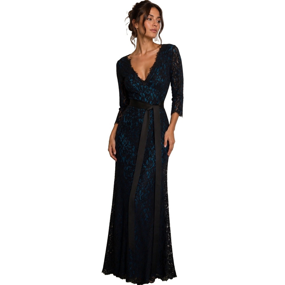 Vintage Y2K Tadashi Shoji Gown Lace Overlay Dress Women 6 Black Belted Elegant